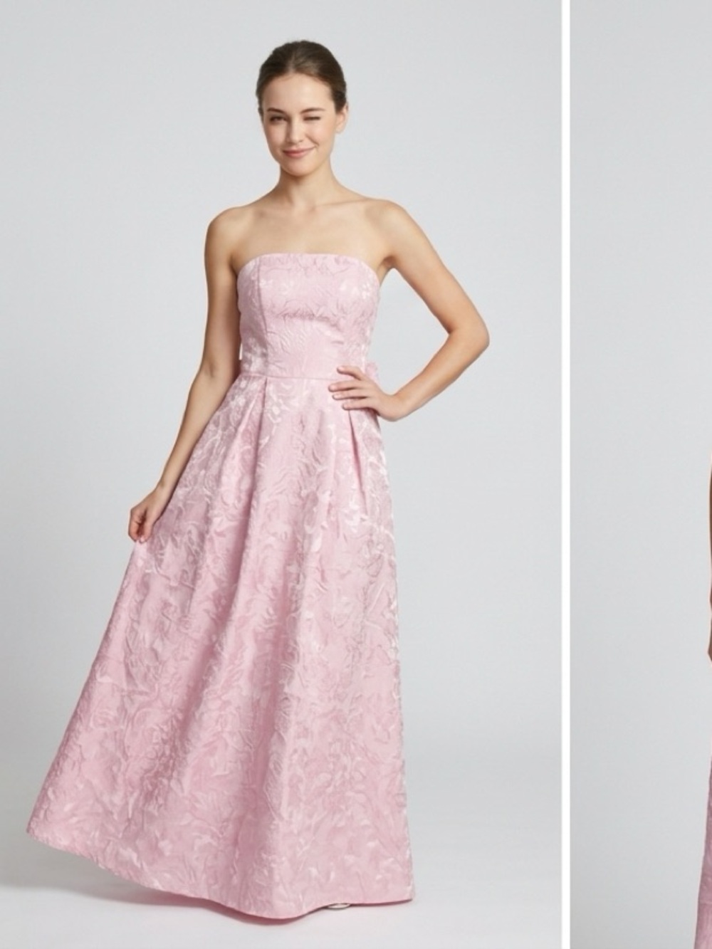 Strapless Pink Floral Jacquard A-Line Prom Gown